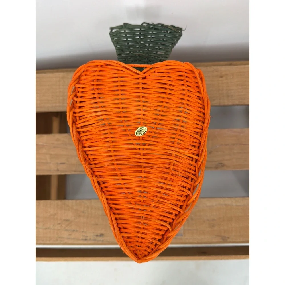 Vintage Orange Wicker Carrot Basket Easter Decor Green Stem Woven Storage‎